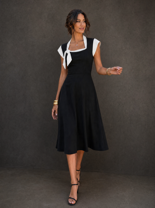 Lucía™Vestido midi color block con cuello cuadrado